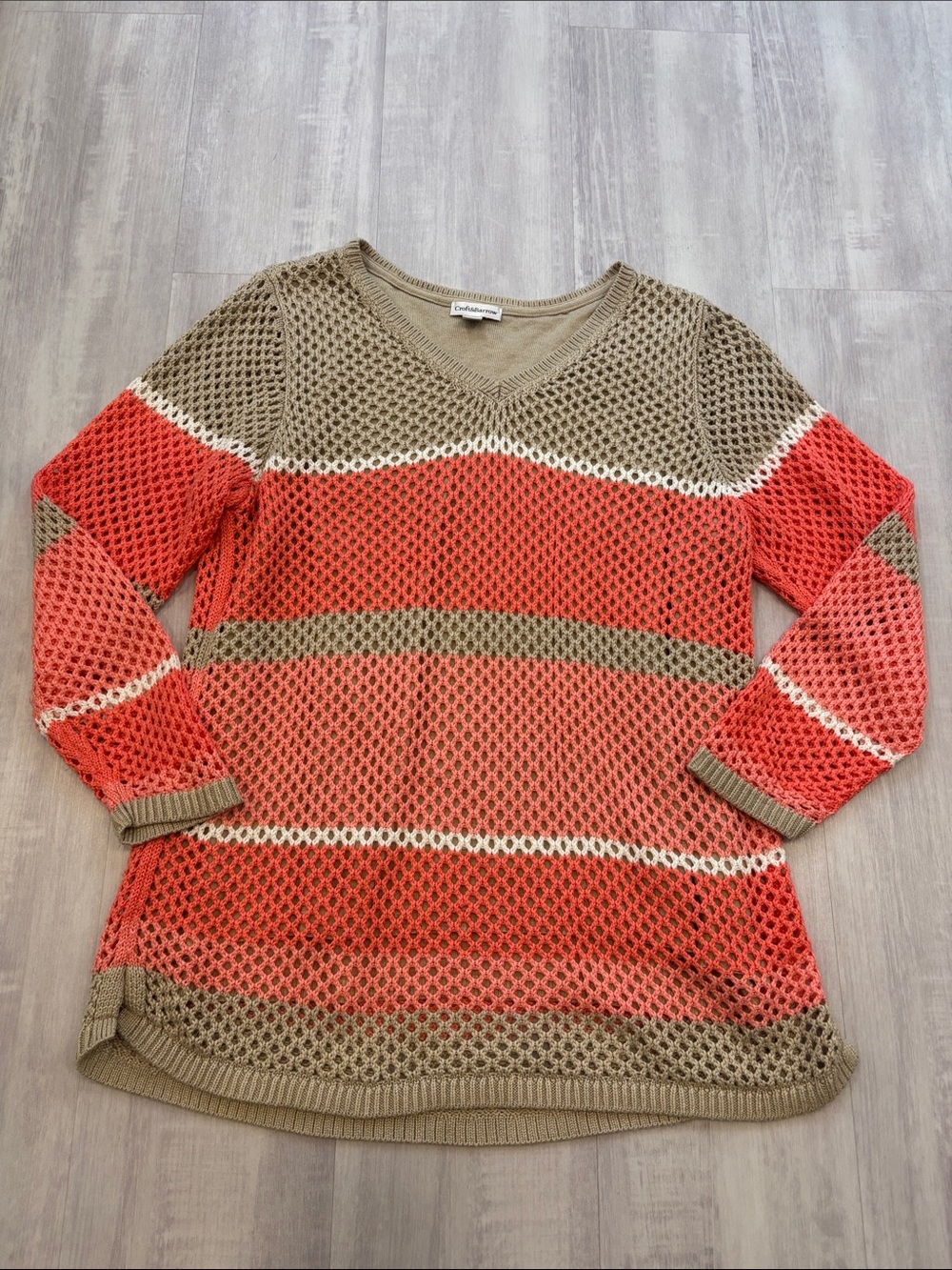Croft & Barrow Coral and Taupe Open-Weave V-Neck Sweater. Lined. Size Large